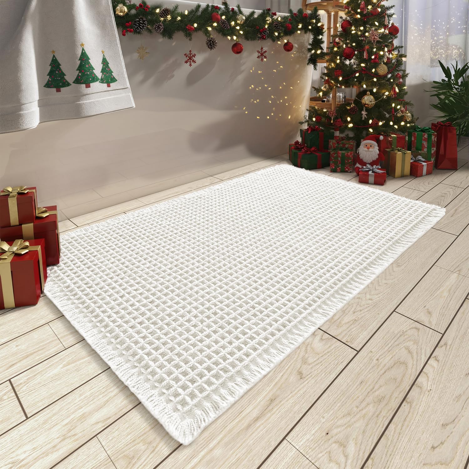 Photo 1 of *MINOR DAMAGE - USED*
AMOAMI Upgraded Waffle Bath Mat, Super Absorbent Non Slip Bath Mats for Bathroom Floor, Machine Washable Bathroom Rugs with Tassels, Rubber Backed Bathroom Mats, Ultra Soft, 17" x 24", White
