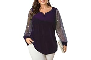 SCOMCHIC Women's Plus Size Blouses Long Sleeve V Neck Sparkly Sequin Velvet Top Dressy Casual Loose Shirts Party Tops