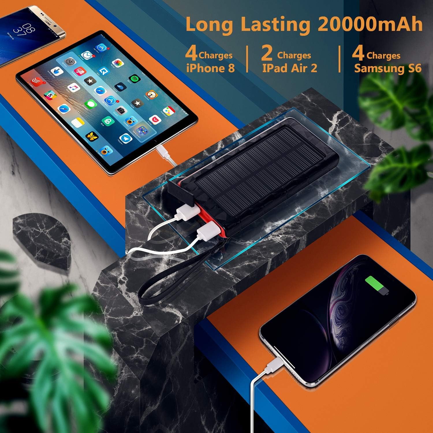 Solar Charger 20000mAh, Portable Phone Charger External Battery Pack, Compatible with iPhone Samsung Tablets & More, Type-C and Micro USB Inputs, 3 Outputs, Flashlight, Lanyard, IP54 Rainproof: Electronics