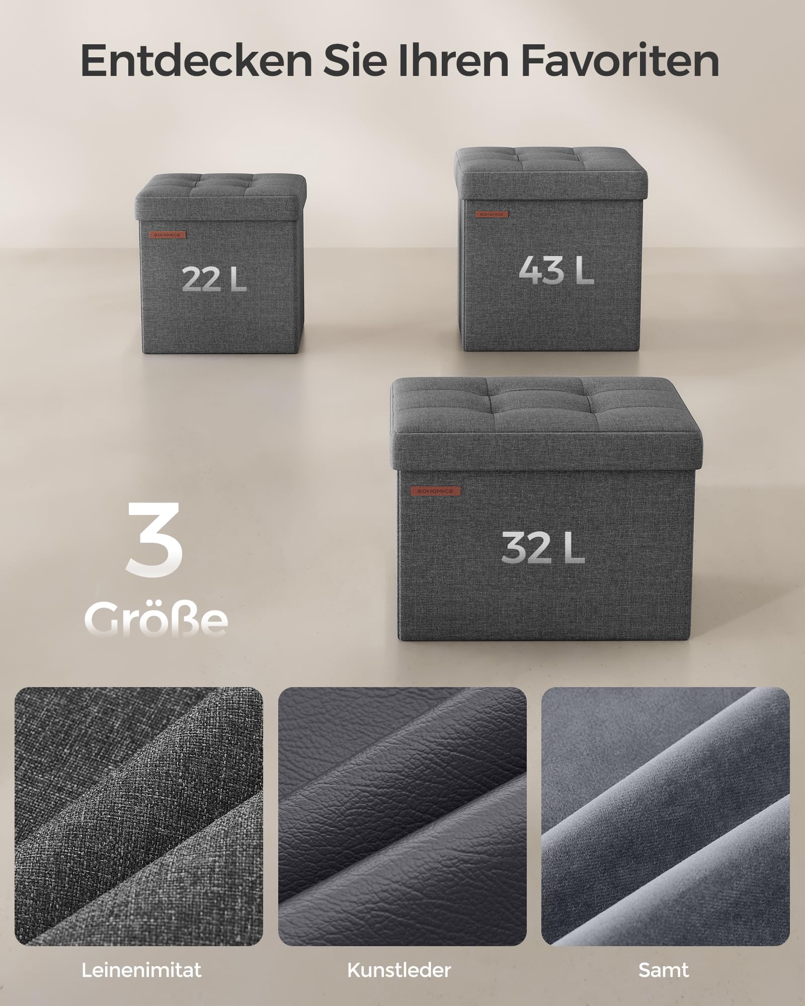SONGMICS Aufbewahrungshocker, klein, faltbar, 30 x 30 cm, würfelförmiger Fußhocker mit Aufbewahrung, belastbar bis 130 kg, für Wohnzimmer, Schlafzimmer, Schlafsaal, Dunkelgrau LSF028G01 7