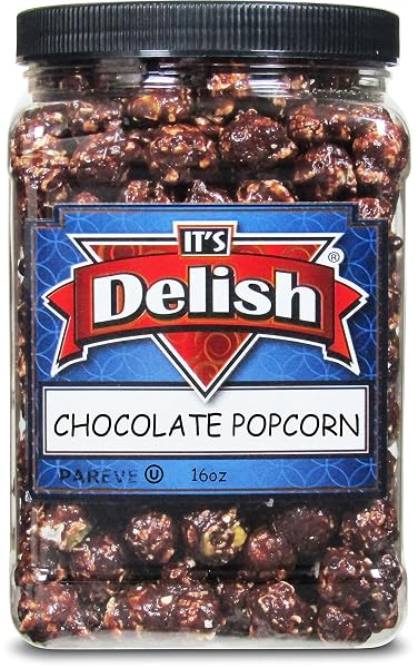 GOURMET CHOCOLATE POPCORN BY ITS DELISH, 16 OZ JUMBO CONTAINER – FESTIVE CARAMEL CORN AIR POPPED SWEET AND CRUNCHY GLAZED CARMEL CORN SNACK, MOVIE NIGHT, PARTIES, EVENTS – GLUTEN FREE, VEGAN, KOSHER