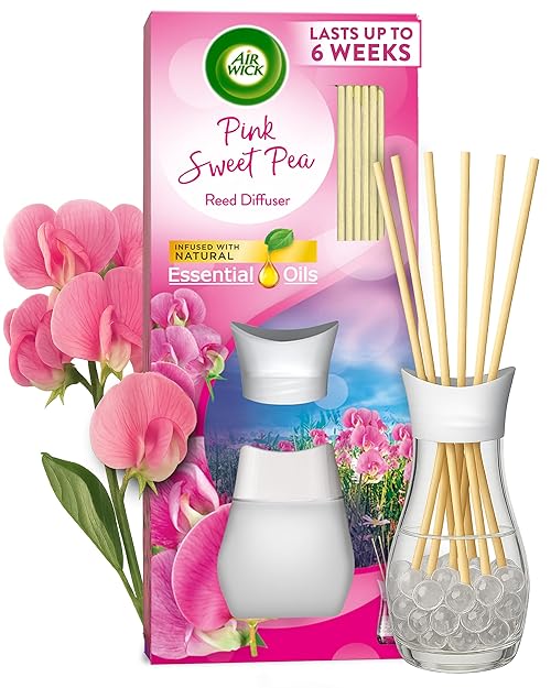 Air Wick Pink Sweet Pea Reeds Diffuser 42ml, 6 weeks of Long-Lasting Home Fragrance with Natural Essential Oils, Sustainable Recyclable Scent Improvement, Eco-Conscious Oil Diffuser.
