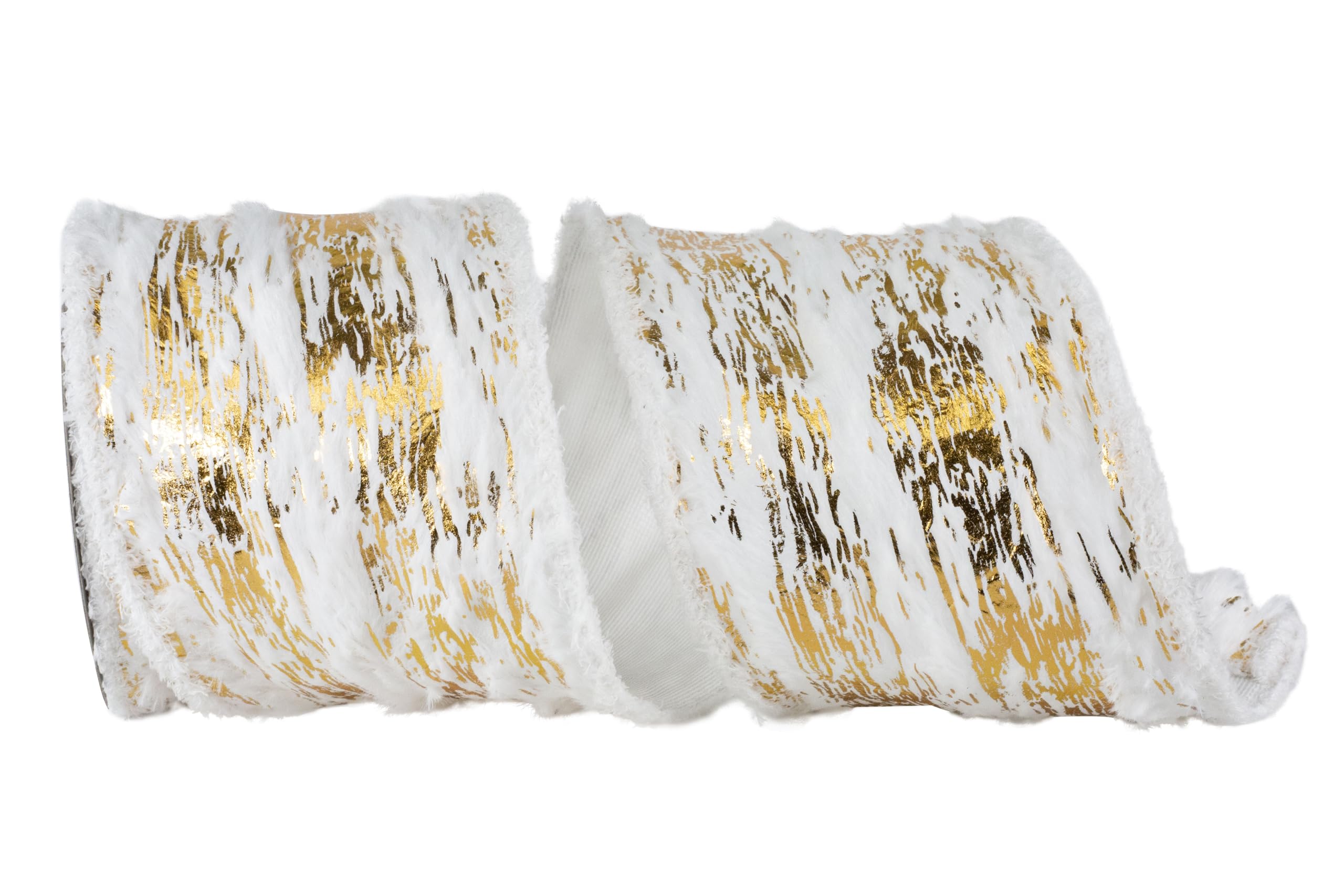 Photo 1 of Reliant Ribbon Furry Snow Cavern Metallic Frizette Wired Edge, White/Gold, 4 Inch, 10 Yards