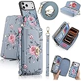 LITOU Compatible for iPhone 17 Pro Max Crossbody Wallet Purse Phone Case,Detachable Magnetic,RFID Blocking Card Holder,Zipper Leather Wallet Wrist Lanyard Strap Case for Women.Blue Flower