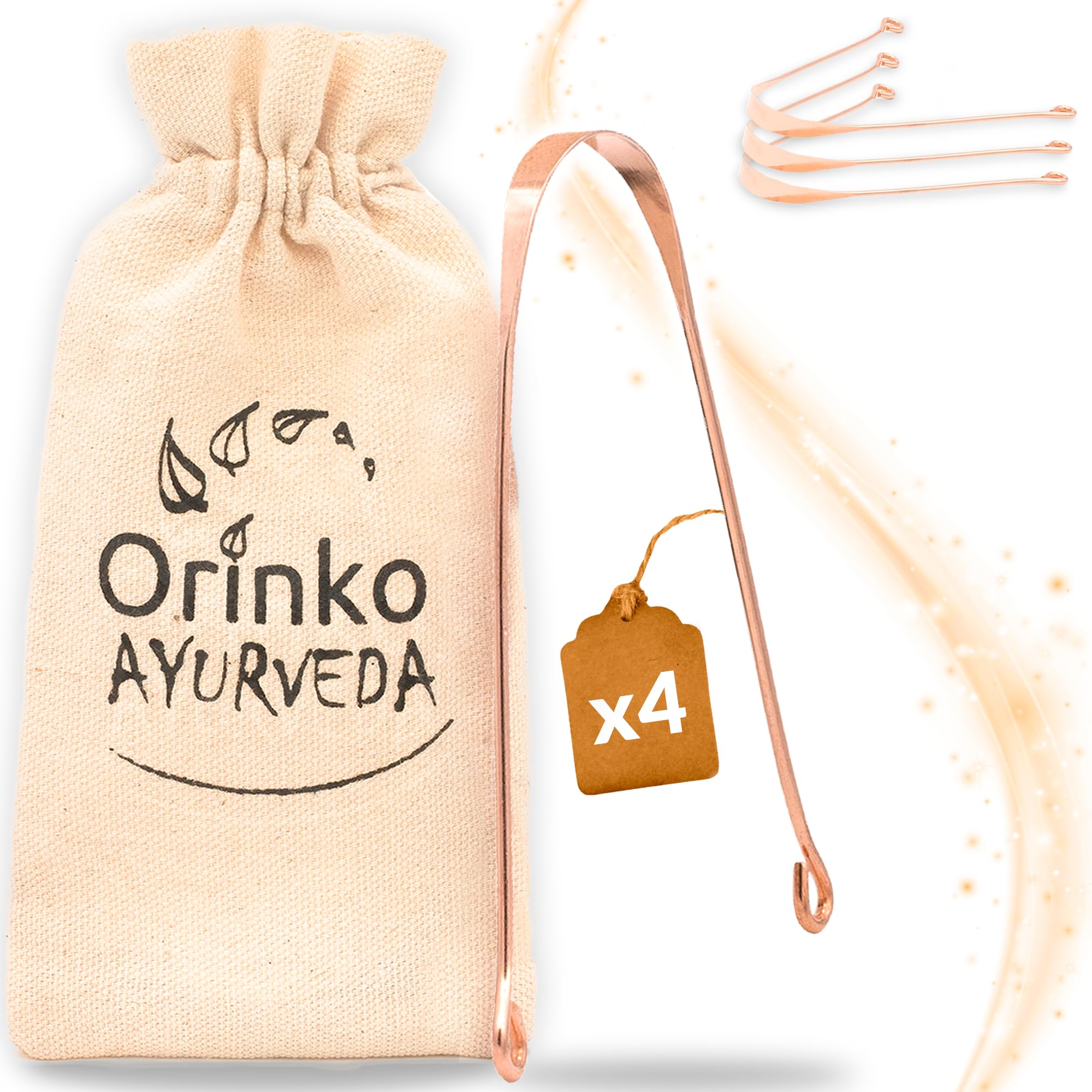 ORINKO® Copper Tongue Scraper x4 - Premium Ayurvedic Oral Hygiene Tool - Pure Copper for Superior Cleaning - Enhances Fresh Breath and Oral Health - Durable & Eco-Friendly Design