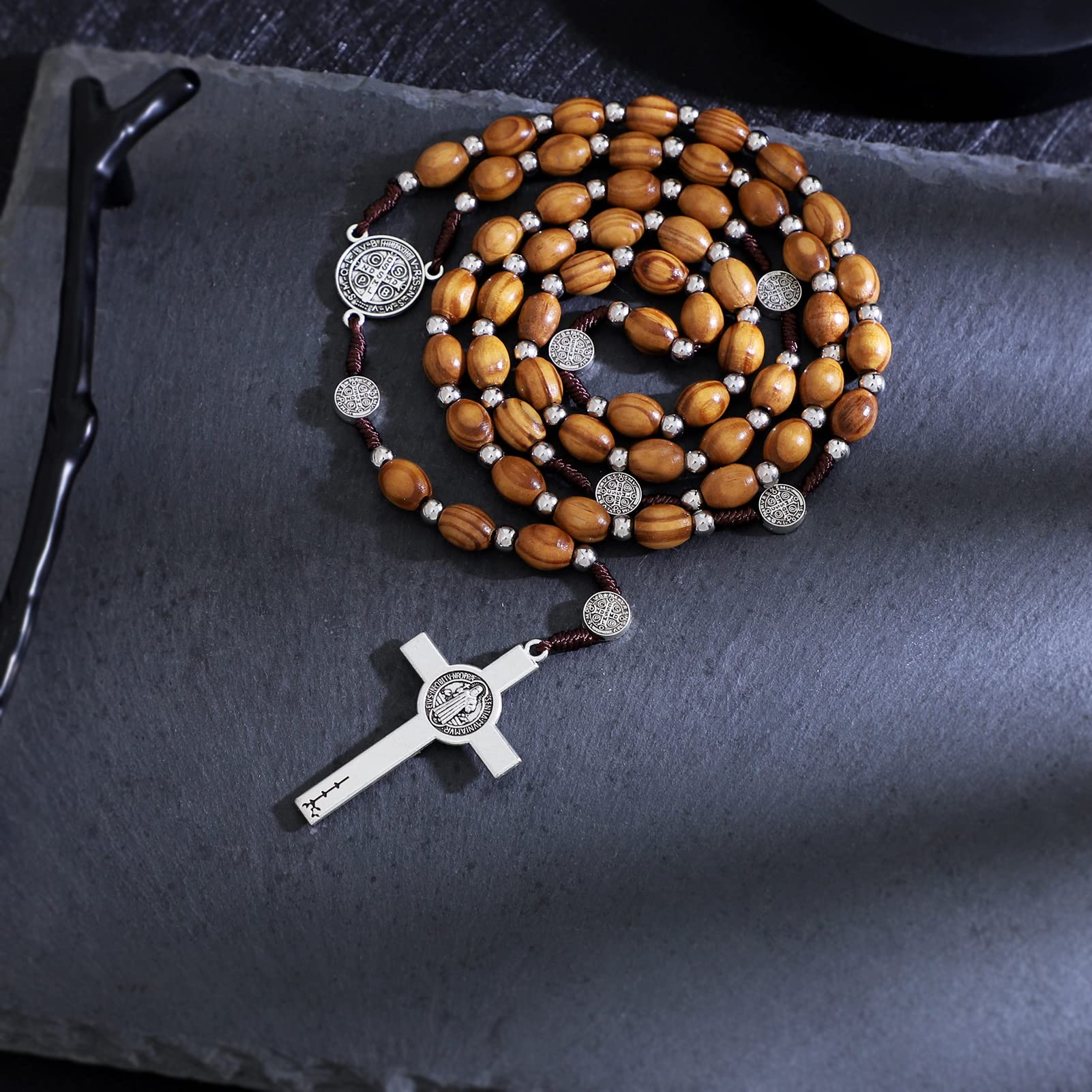 KOMI Handmade Wooden Catholic Rosaries, Rosary Beads Necklace From Bethlehem Wood Christian Prayer Holy Soil Medal & Metal Cross For Catholic Or Christian Gift