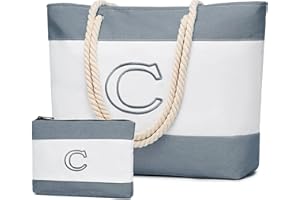 Becokan Initial Beach Bag Waterproof Canvas Beach Tote Bag Zipper Personalized Gifts for Women Her Birthday Travel Essentials