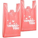 YoYoRain Small Pink Thank You Plastic Shopping Bags with Handles, 8 x 4 x 16 Inches, 100 Count, T-Shirt Bags for Retail, Takeout and Gift Shops