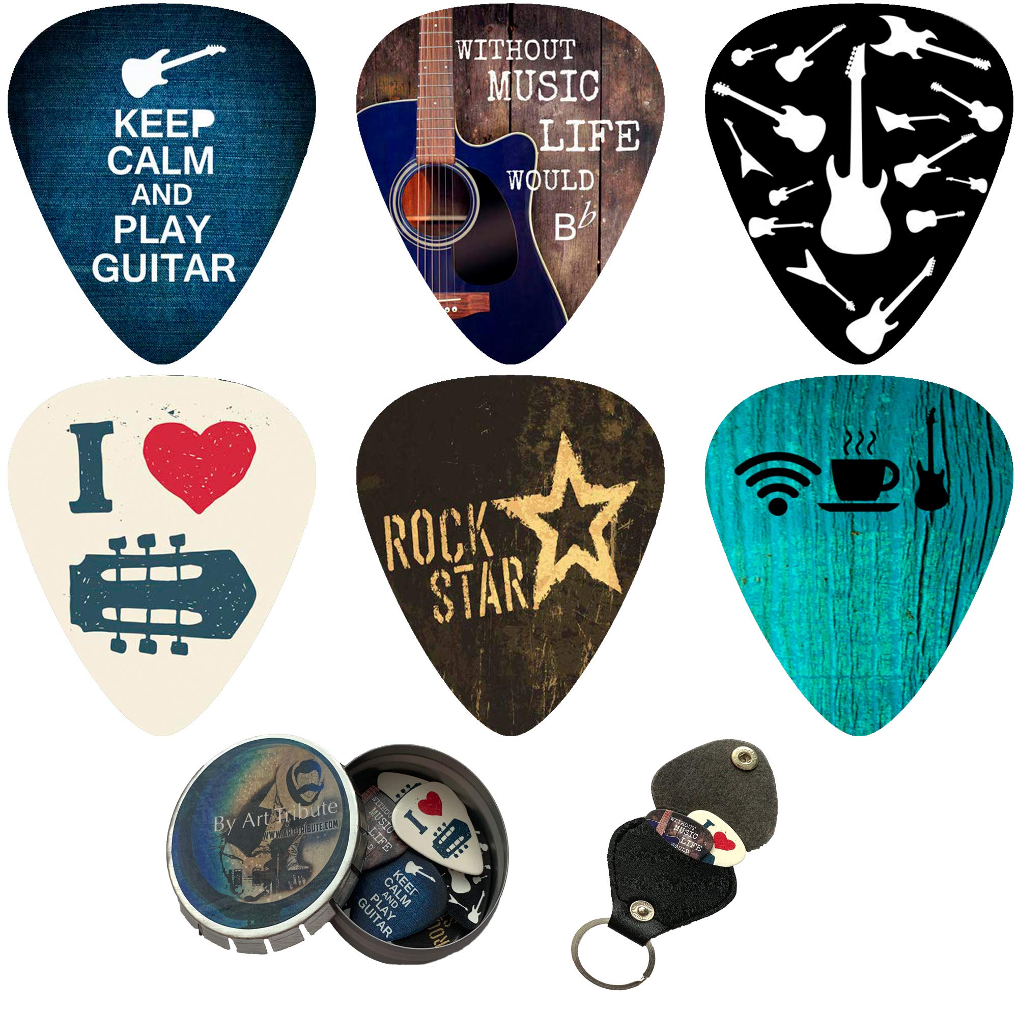 Cool Guitar Picks 12 Pack W/Tin Box & Picks Holder. Celluloid Medium Cool Picks For Guitar & Lover. For Acoustic Electric and Base Guitars