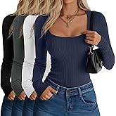 Velvelhall 4 Pack Women's Ribbed Thermal Long Sleeve Shirts, Cotton Scoop Neck Slim Fit Base Layer Undershirts Basic Tops