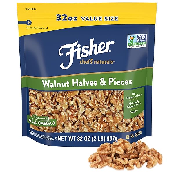 FISHER CHEF’S NATURALS WALNUT HALVES & PIECES 2 LB, 100% CALIFORNIA UNSALTED WALNUTS FOR BAKING & COOKING, HEALTHY SNACKS FOR ADULTS, RESEALABLE BAG, VEGAN PROTEIN, KETO SNACK, CHOPPED NUTS, TOPPING