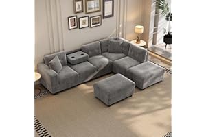 P PURLOVE Sectional Sofa Couch with Reversible Chaise and Ottoman, Polyester L-Shape Couch with 2 Pillows and Cup Holder, Sectional Sofas for Living Room (Gray)