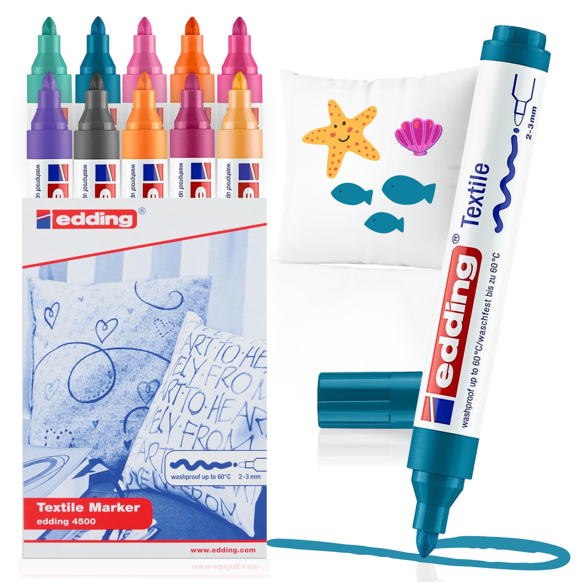 edding 4500 textile marker - set of 10 colours (trend) - round nib 2-3 mm - permanent fabric markers for drawing on textiles, wash-resistant up to 60 °C - marker pens for fabric lettering