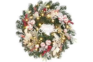 VOFULY Red White Christmas Candy Wreath with Lights,30 LED with Timer, Lighted Winter Holiday Door,Fireplace Mantel and Stairs Decor,Entryway Decoration,prelit Christmas Wreath for Front Door -22inch