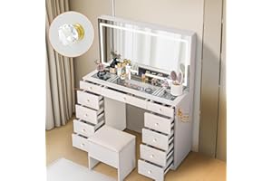 Pamapic Glass Top Vanity Desk with Crystal Handles, Storage Stool, 11 Drawers Makeup Vanity with Mirror, 3 Lighting Modes Dre