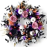 Vivimemo 24'' Halloween Wreath for Front Door with Lights, Skeleton Skull | Fall White Pumpkin Skull Wreath Pink Roses Dark Leave, Gothic Spooky Halloween Decoration Indoor for Table Centerpiece Party