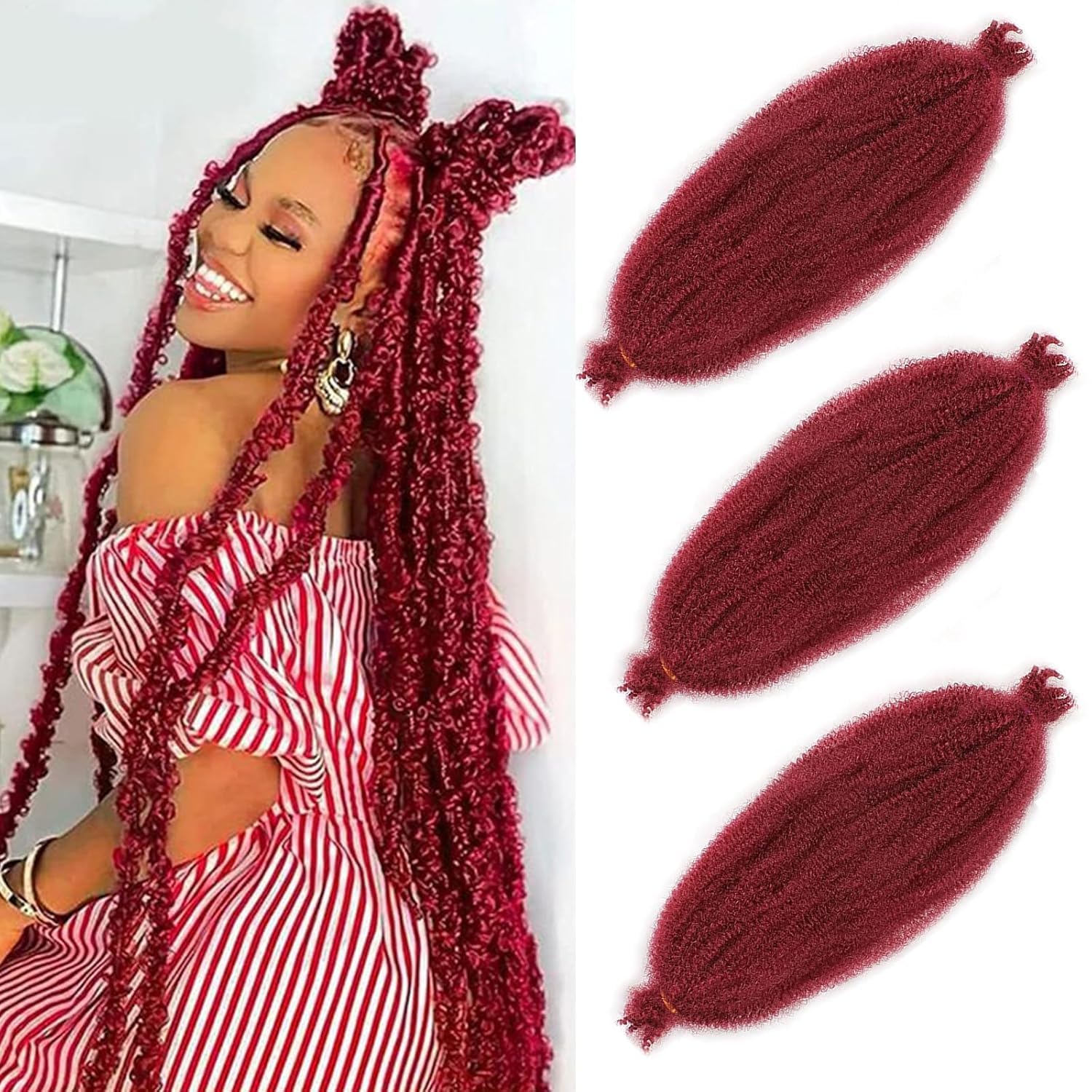 Xtrend 3 Packs 16 Inch Burgundy Soft Springy Afro Twist Hair Pre-Separated Spring for Faux Locs Natural Marley Crochet Braiding Synthetic Extensions 8 Strands/Pack BUG# — image 1
