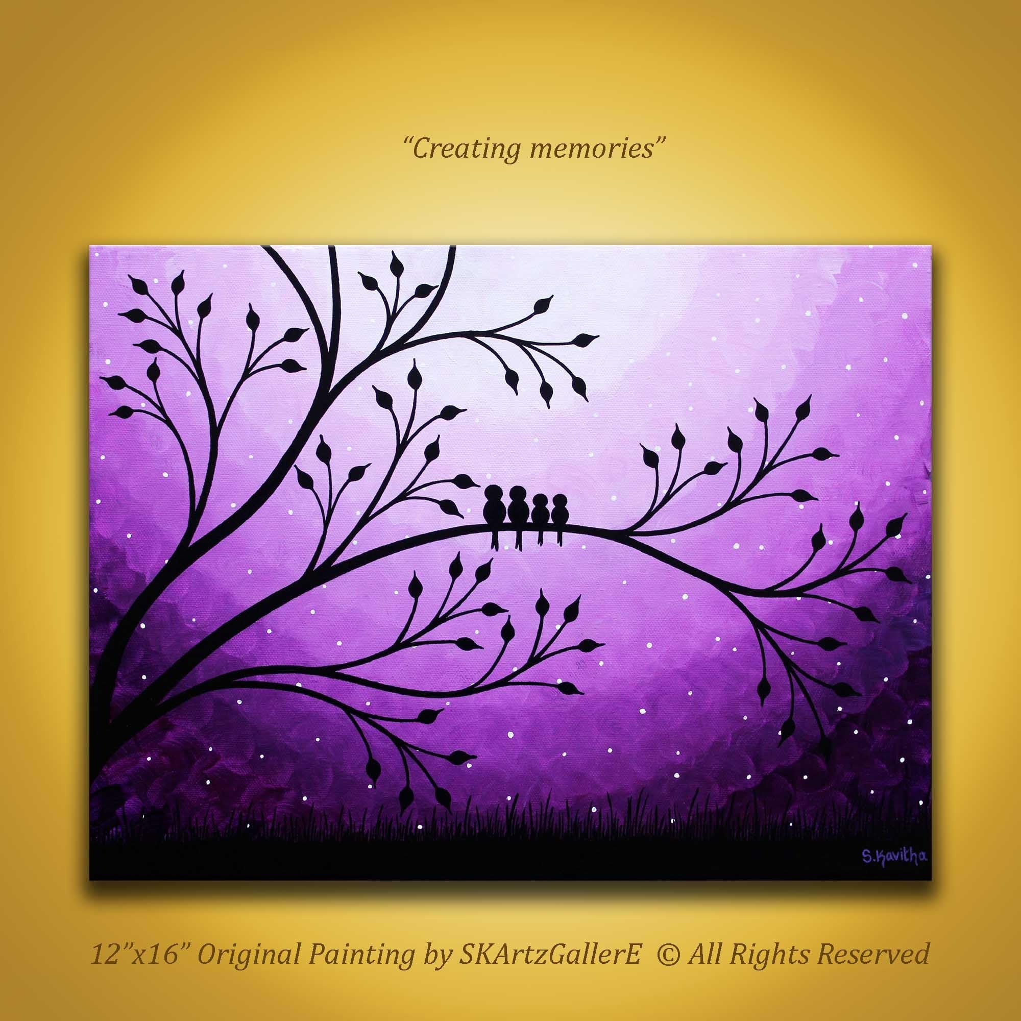 Original Family of birds painting, Purple canvas Art, Birds on tree Artwork, Purple Children's room decor