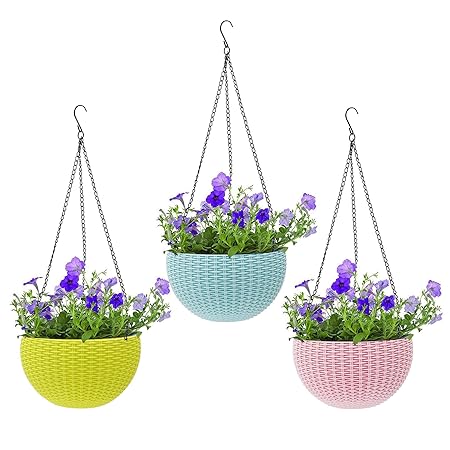 Livzing Plastic Hanging Basket With Hook Chain, Multicolour, Standard, 3 Pieces