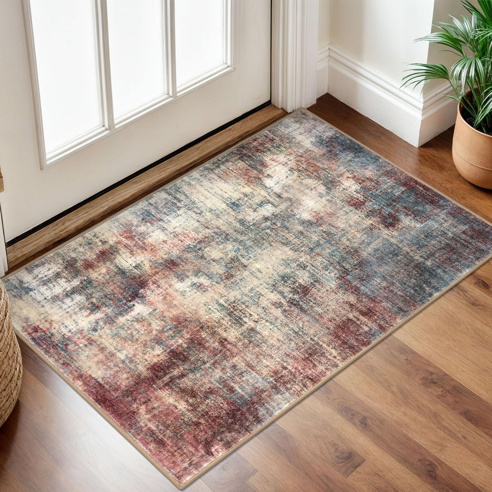 Photo 1 of IOHOUZE Small Abstract Area Rug 2x3 Ft Entryway Rugs Washable Door Mat Indoor Entrance, Rubber Backed Throw Rugs, Printed Faux Wool Non Slip Floor Carpet for Foyer Front Door Sink, Red/Multi