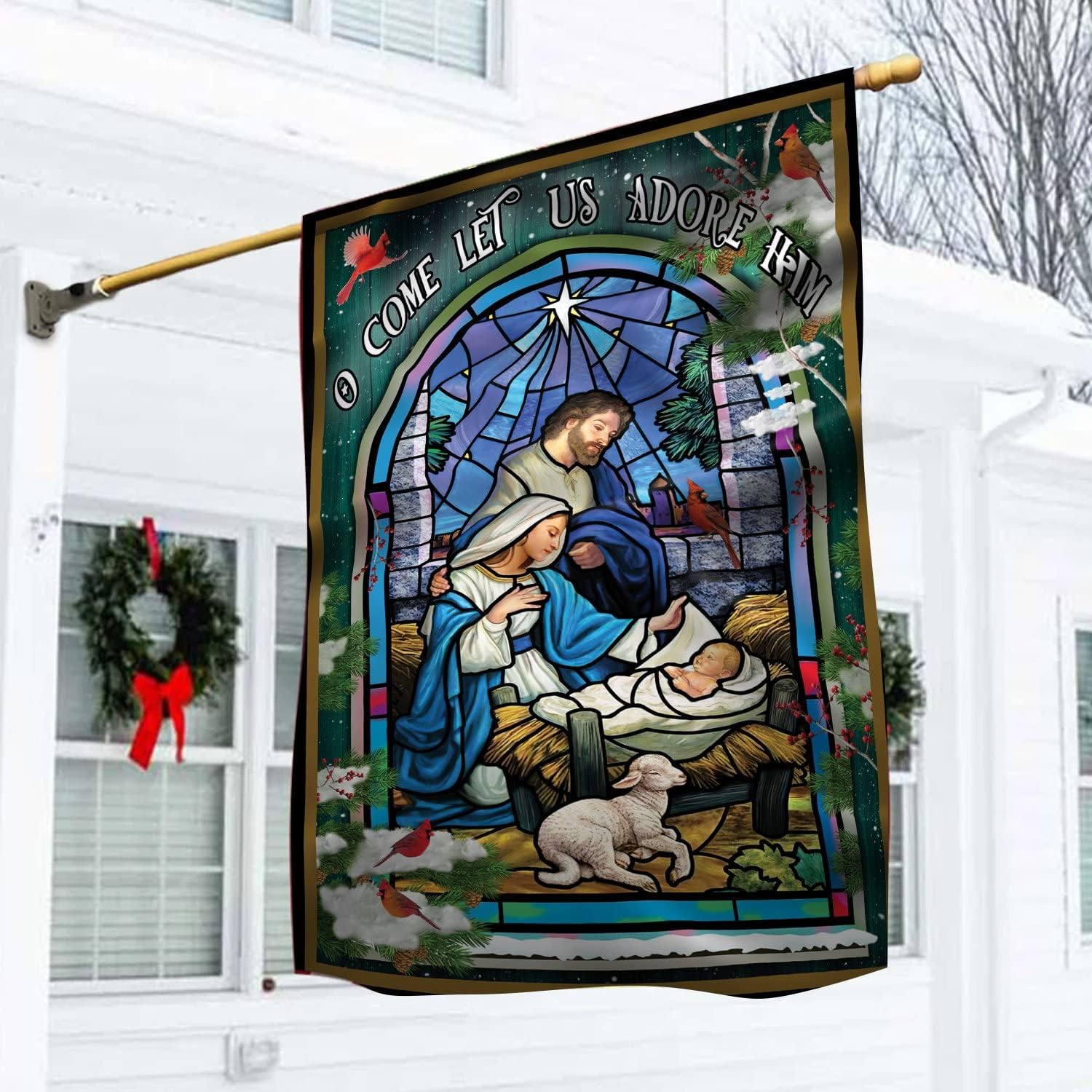 Flags - MESMCCONELL Holy Family O Come Let Us Adore Him Winter Garden Flag House Flag, Nativity Religious Christmas Banners For Outside, Merry Flags Outdoors 28 x 40 Double Sided, Xmas