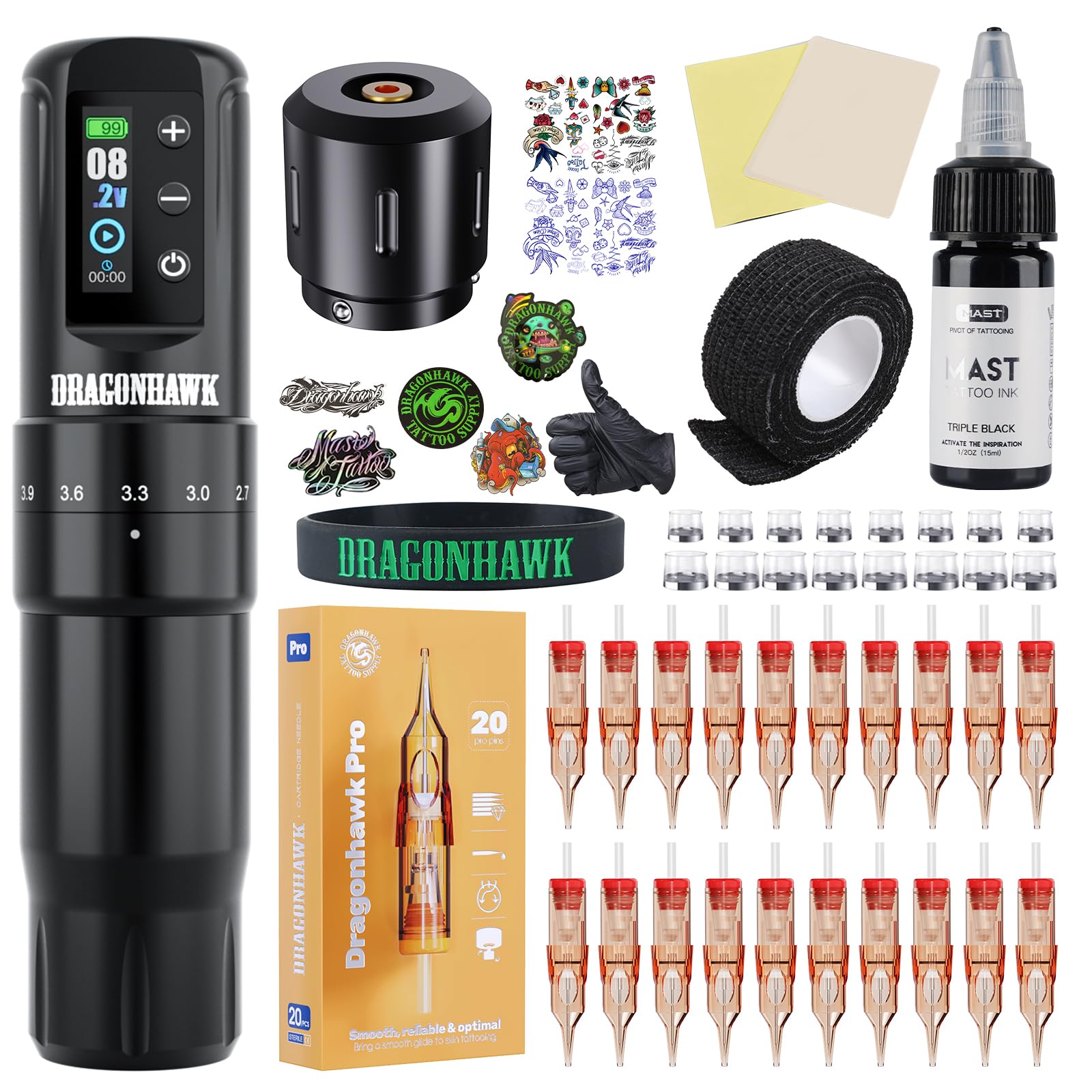 Dragonhawk Beginner Tattoo Kit Atom2 Pro Cordless Tattoo Gun Machine Pen Complete Tattoo Kit 7 Strokes 2.4-4.2mm