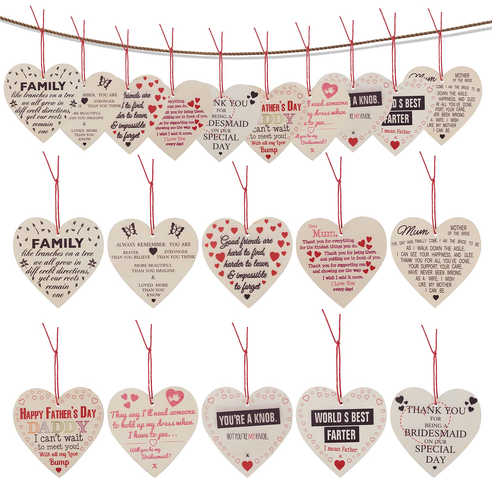 NBEADS 20 Sets Heart Wooden Ornaments, 10 Styles Natural Wood Heart Shaped Embellishments with Words for Valentine's Day Wedding Party Decorations, with Wax Ropes