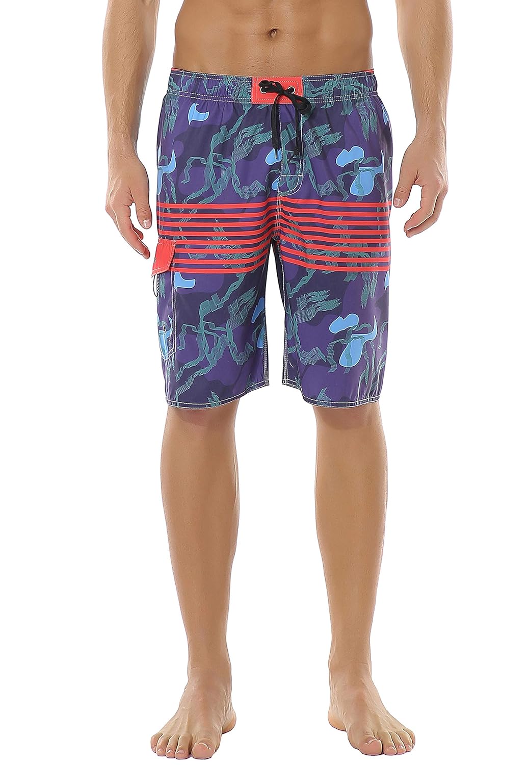 Meegsking Mens Quick Dry Stripe Beach Board Shorts Elastic Waist Swim Trunks with Mesh Lining