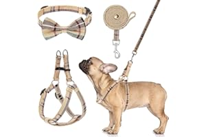 BINGPET Dog Harness with Leash and Bow Tie Collar Set - Beige Plaid Puppy Harness, Escape Proof Adjustable No Pull Dog Vest for Outdoor Walking, Fit for Small Medium Large Dogs XS