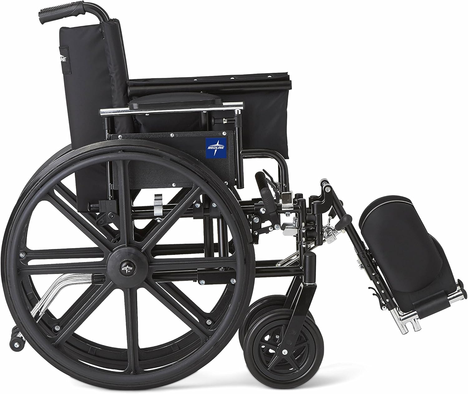 Medline Robust and Rugged Wheelchair with Flip-Back Desk Arms, Removable Elevating Leg Rests and Anti-Tippers, Black, 18" Seat: Health & Personal Care
