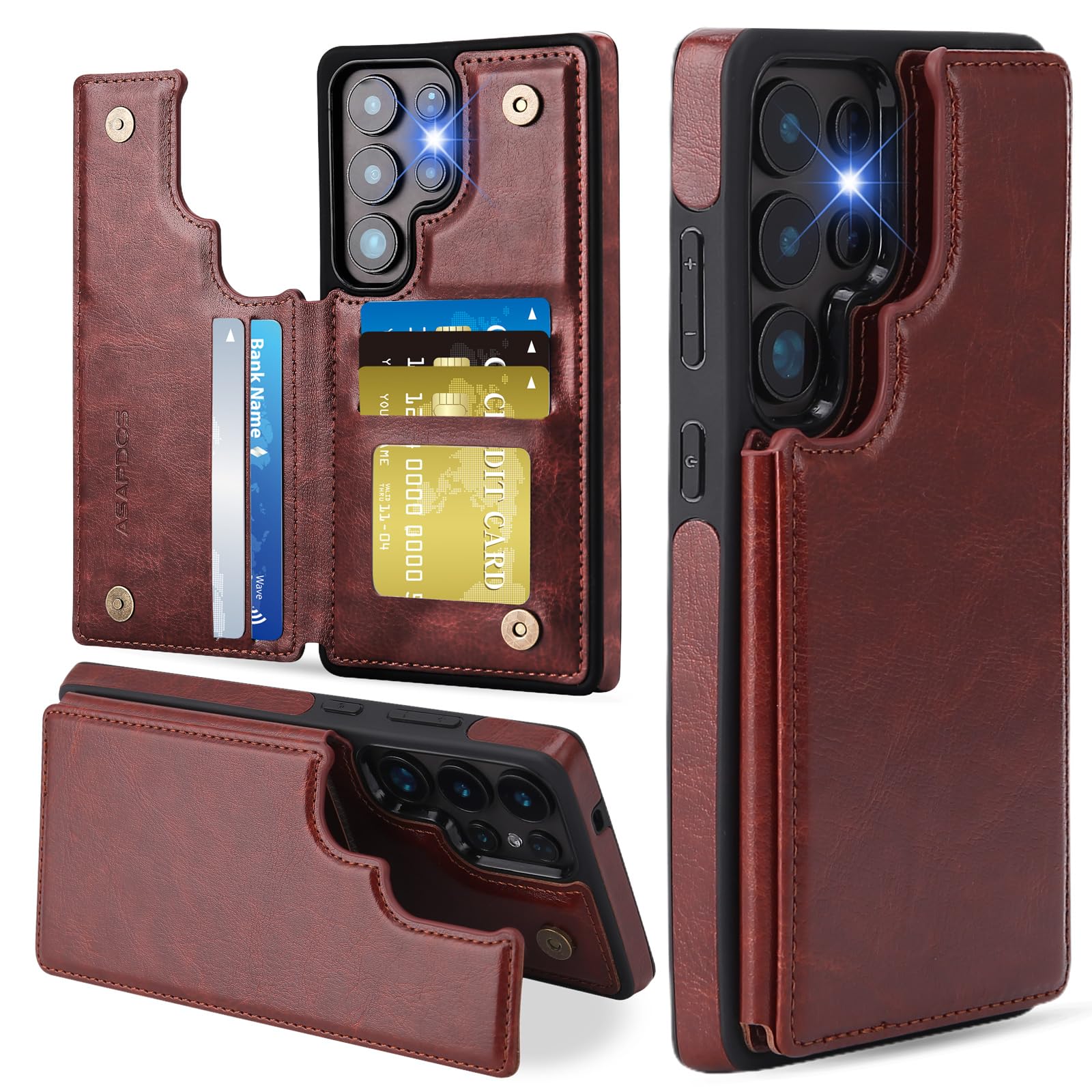 Photo 1 of ASAPDOS for Samsung Galaxy S25 Ultra Case with Card Holder,PU Leather Shockproof Flip Case with RFID Blocking Card Holder and Kickstand for Men Women Brown