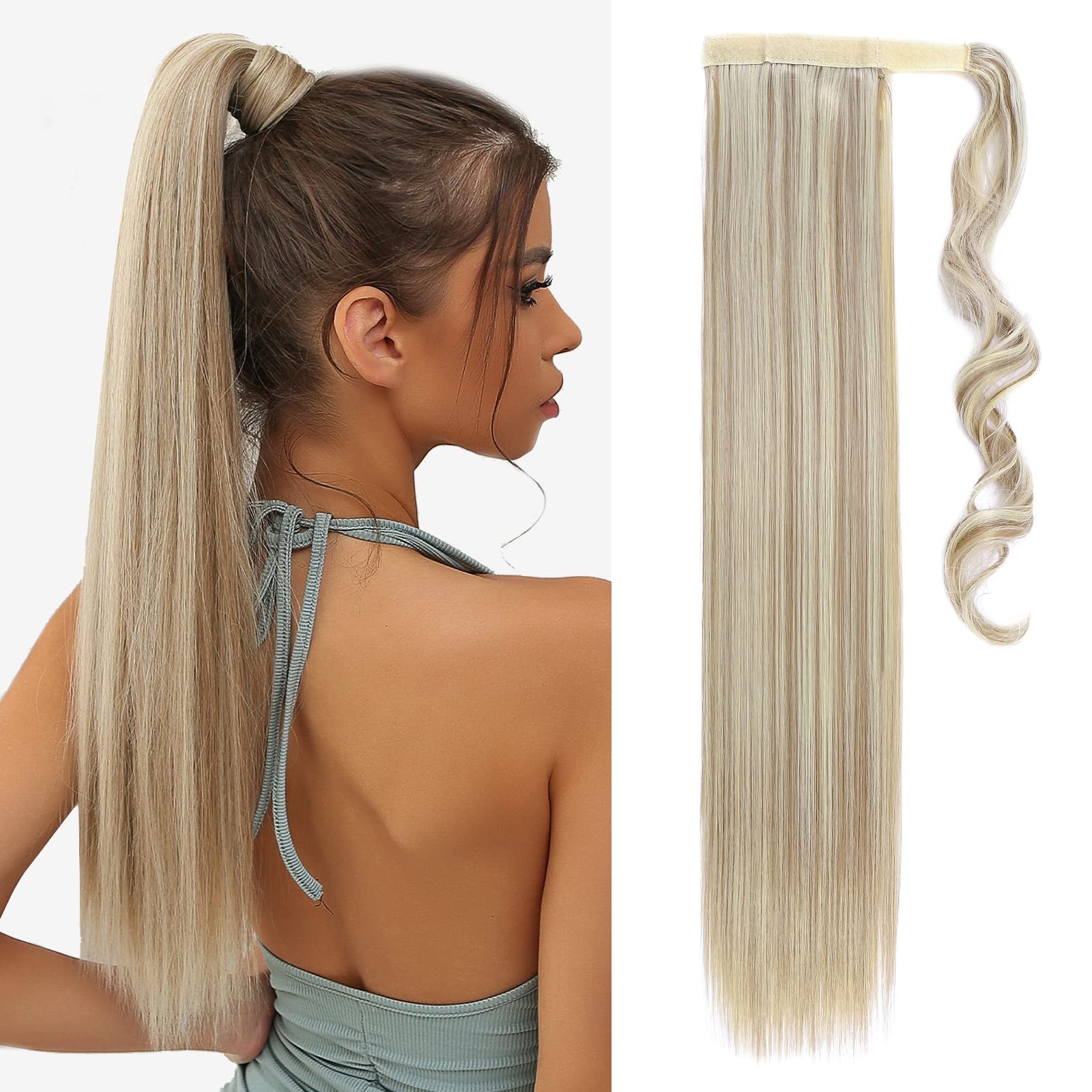 TESS Clip In Ponytail Hair Extensions Blond 23 Inches, Ash Blonde Balayage Straight Hair Extensions Clip In Ponytail 90g Fake Extension — image 1