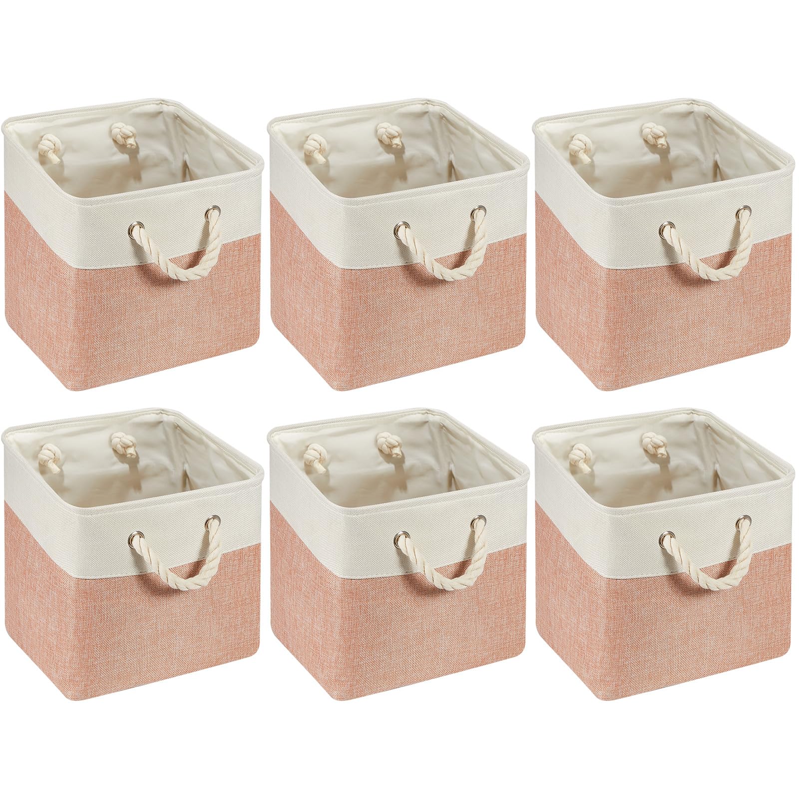 Photo 1 of 6 Pcs 11 x 11 Inch Cube Storage Bins Fabric Storage Organizer Bins Foldable Cube Baskets with Sturdy Carry Handles Wicker Baskets for Home (Orange Pink and White)