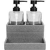 Indecor Home 3 Piece Glass Soap Dispenser Set with Resin Storage Caddy, for Bathroom, Bedroom, Home, Office, Lotion Pump with Rustproof Pumps, Large Capacity Heavy Bottles, Trinket Tray for Jewlery