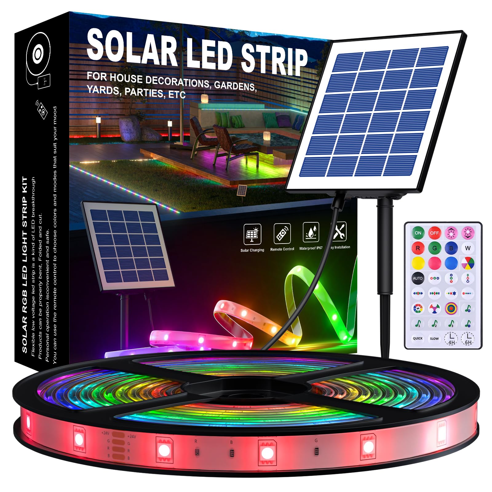 Ubanner Solar LED Strip Outdoor, 5M SMD 5050 LED Lights, Solar Powered RGB+IC Colour Changing LED Strip, IP67 Waterproof Decorative Lights for Yard Trees Garden
