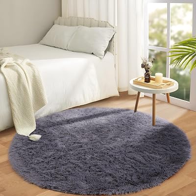 Aspire Homeware Round Rug 120x120cm Grey Anti Slip Shaggy Thick Pile