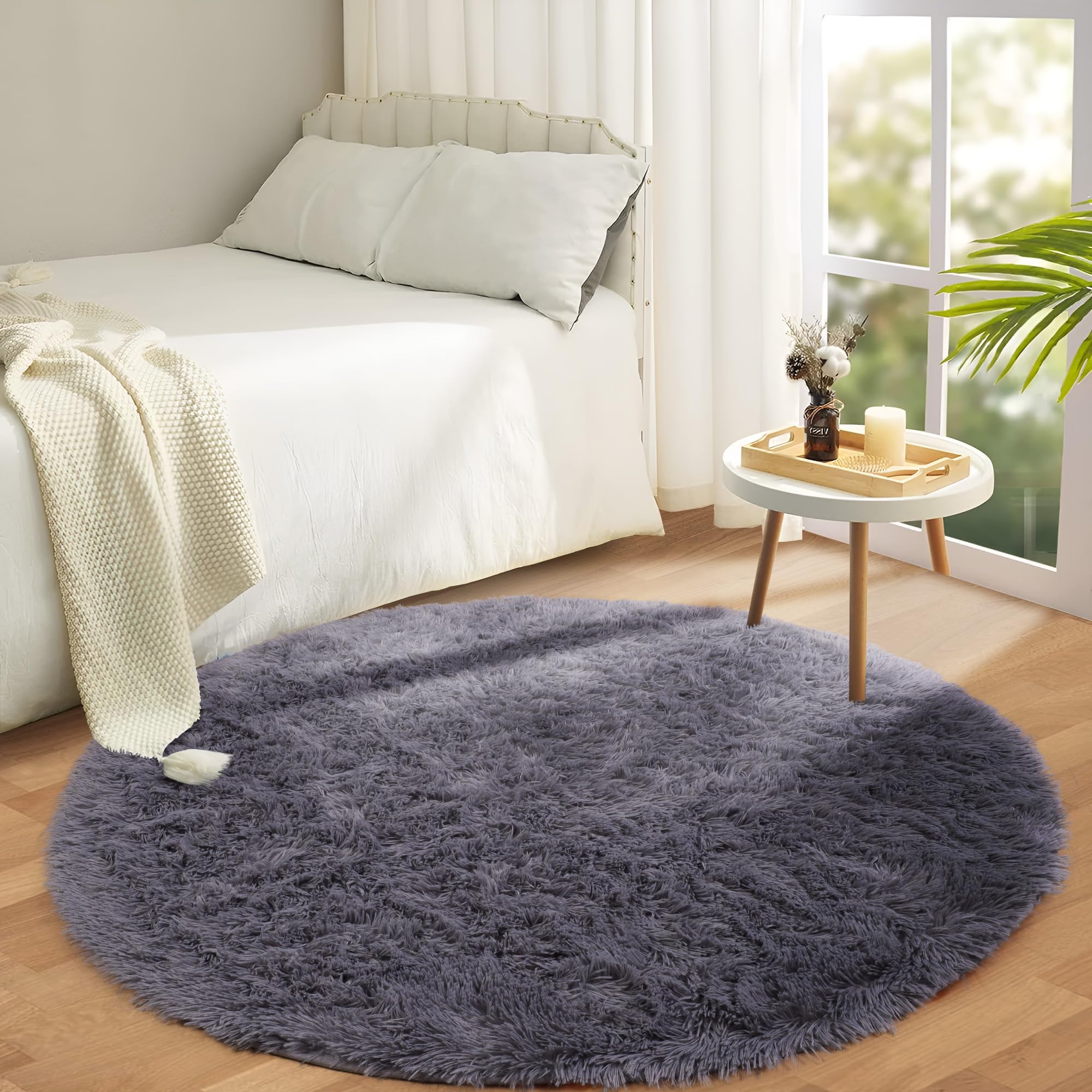 Aspire Homeware Round Rugs Living Room - Grey Area Rugs 120x120cm for Bedroom Anti Slip - Modern Super Soft Thick Pile Small Fluffy Shaggy Rug Non Shedding