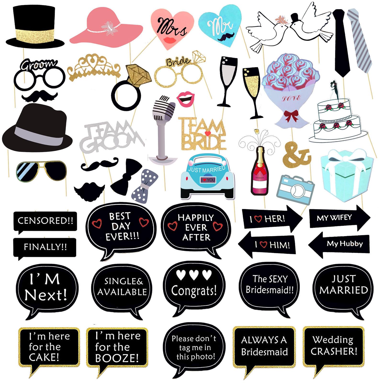 Photo 1 of 52PCS Wedding Photo Booth Props with Stick Bridal Shower Photo Booth Props Funny Photo Props, Wedding Party Supplies for Bride Groom, Bachelorette Party Decorations for Men Women Selfie Props