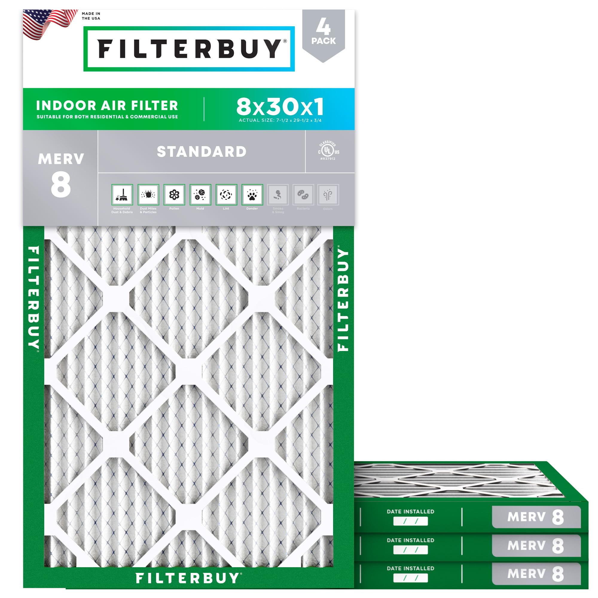 Filterbuy 8x30x1 Air Filter MERV 8 Dust Defense