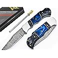 Lara Eagle Damascus Pocket Knife for Men - 133 Layer Solid Steel Handmade Folding Hunting Knives with Sharpner and Leather Pouch - Best Knife for Camping Hunting Hiking - Father’s Day Gifts for Men Husband Dad (Gray Wooden Handle)