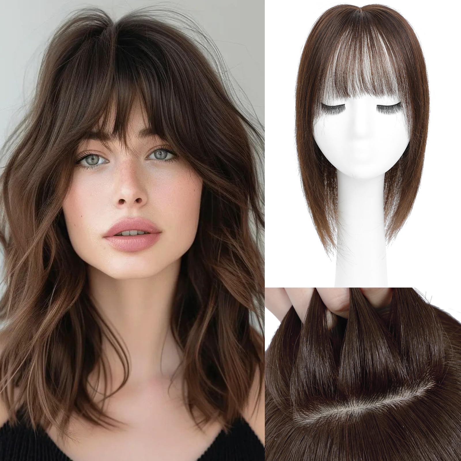 Photo 1 of Aimeolyn Hair Toppers for Women Real Human Hair 12inch Hairs Topper for women With Bangs Skin Scalp Big Base Cover Thinning or Loss Top Pieces Wiglets Natural Black