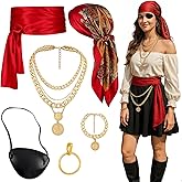 Yaliuliu Pirate Costume Accessories Set for Women &Men– Head Scarf, Satin Sash, Belt & Accessories for Halloween, Cosplay, Party Dress Up Red