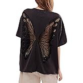 Women Sheer Butterfly T Shirt Short Sleeve Cut Out Back Tee Top Embroidered Oversized Tee Shirts Streetwear