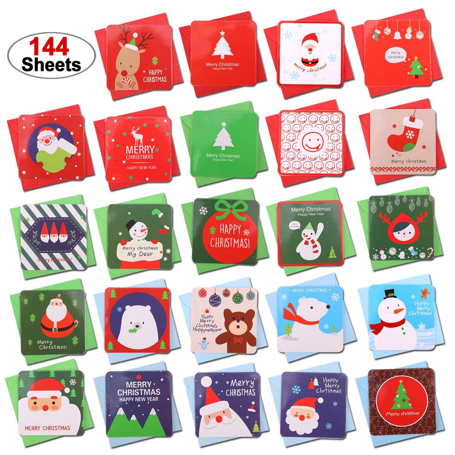 HOWAF 144 Pcs Mini Christmas Cards, Merry Christmas Assorted Greeting Cards Blank Note Cards Xmas Card in 24 Cute Festive Designs with Envelopes, Ideal for Kids Gift, 2.7x 2.7 Inches