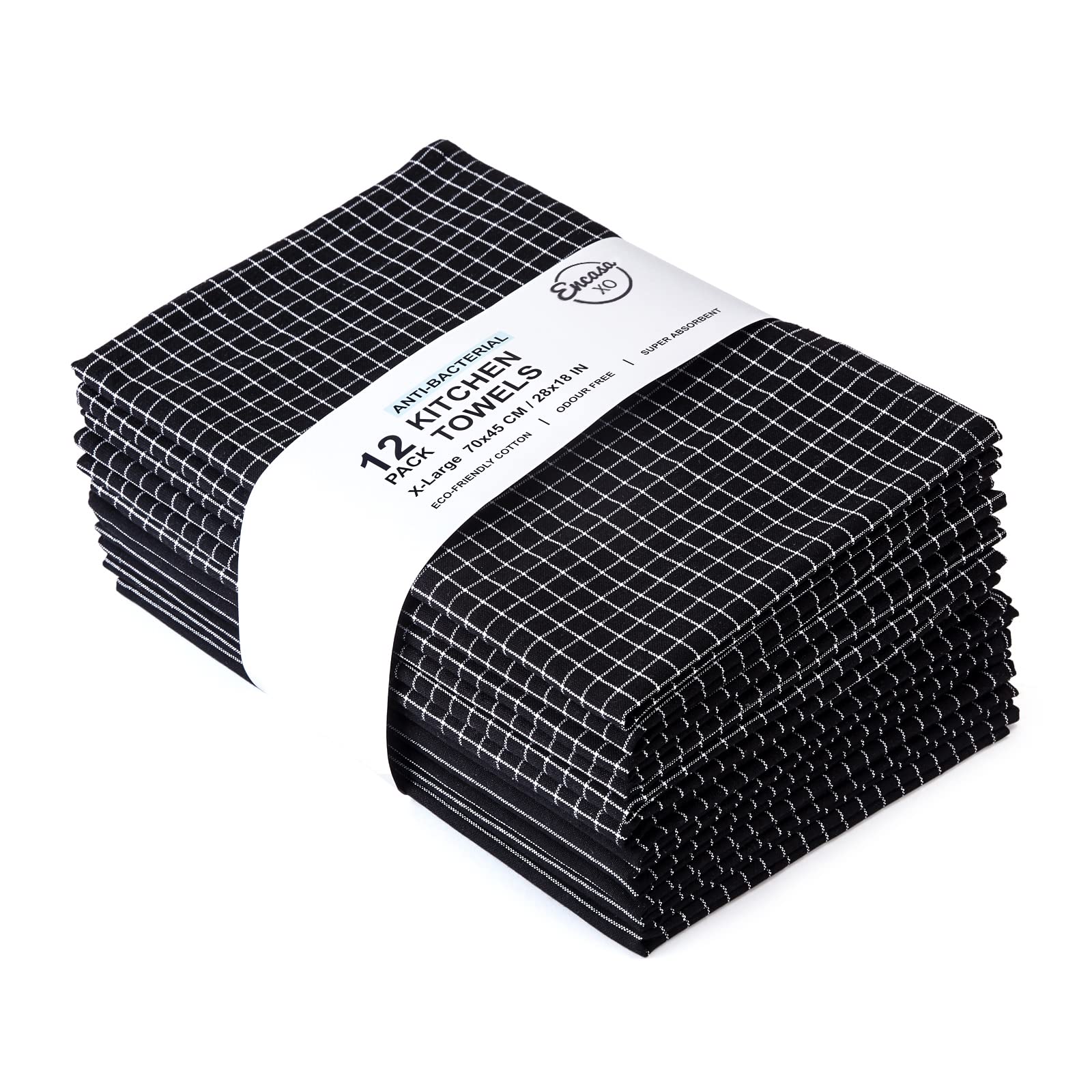 Encasa XO Kitchen Cloth for Cooking | Cotton Hand Towel for Quick Drying Dishes | 70x45 cm Tea Towels | Highly Absorbent for Cleaning of Plates & Glasses | Butcher Black (Set of 12 Pieces)