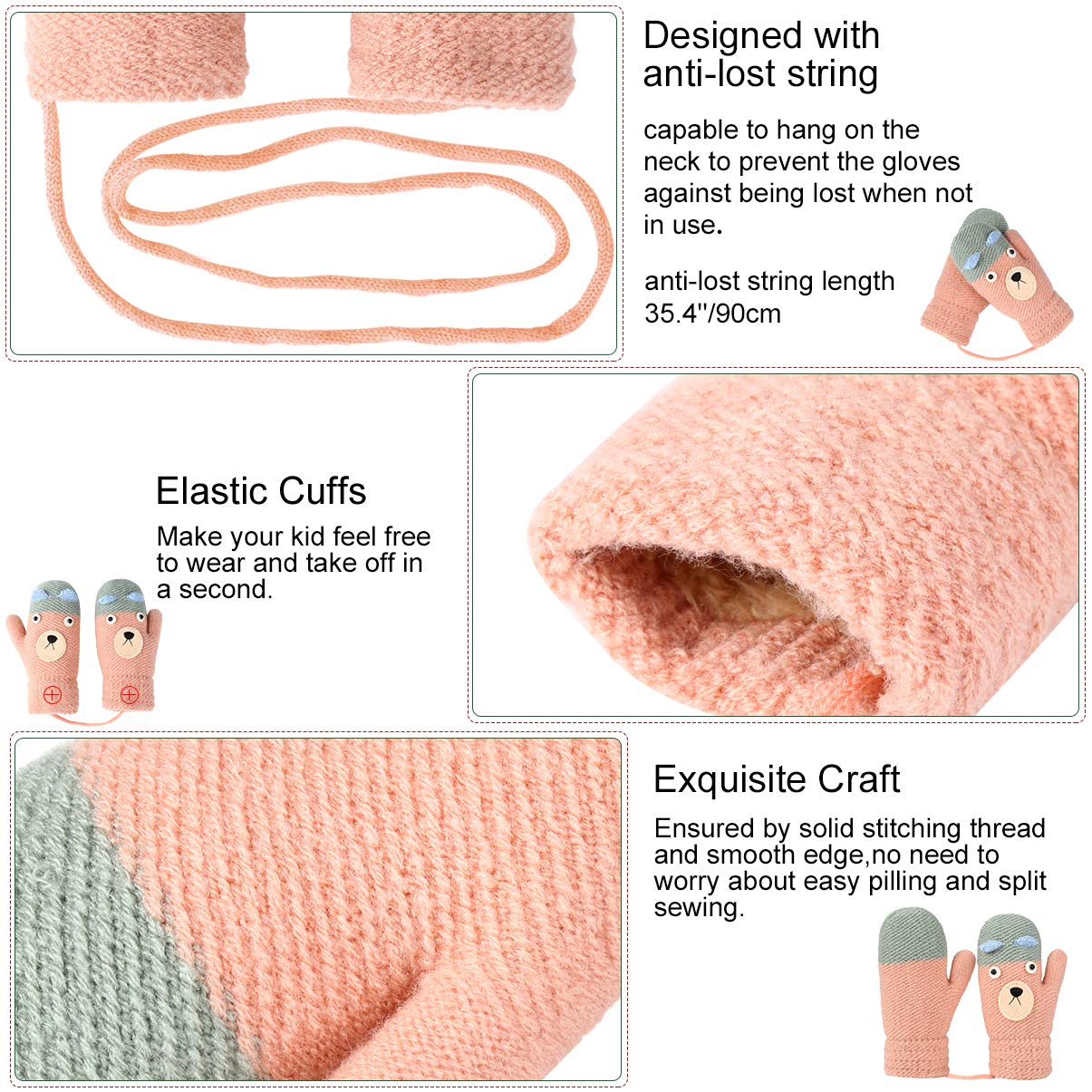 Vbiger Kinder Gestrickte Handschuhe verdickte Gestrickte Handschuhe Weiche Outdoor Winterhandschuhe Warme Handschuhe Bequeme Handschuhe mit niedlichen Cartoon Muster für Kinder zwischen 4-8 Jahre alt