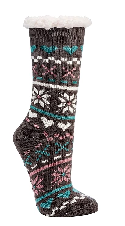 krautwear Damen 1 Paar Warme Flauschige Kuschelsocken Wintersocken Hüttensocken mit ABS Sohle Anti Rutsch Noppen und Teddyfel