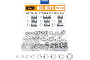 ALBO 250 PCS Metric Hex Nuts Assortment – Stainless Steel 304 Hardware Nuts Set (M2 to M12) – Metric Nut Assortment in Reusable Box