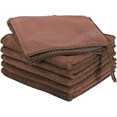 HARFINGTON 6 Pack Microfiber Cleaning Cloth, 8" x 8" Multi-Functional Cleaning Towels Reusable Absorbent Rags with Hook for Car Wash Kitchen Household Window Clean, Brown