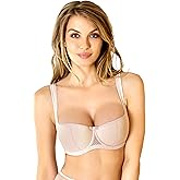 Rosme Women's Balconette Bra with Push Up Effect Plus Size Sexy Lace Demi Half Cup Bra Underwired Low Cut Mesh Bras Kamila